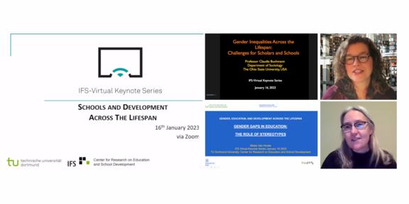Gender, Education, and Development across the Lifespan Collage der Veranstaltung IFS-Virtual Keynote Series mit den Startfolien der beiden Vorträge, sowie Porträts der zwei Vortragenden.