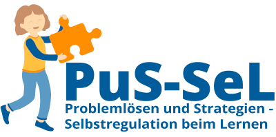 Figur eines Kindes, das ein orangenes Puzzleteil in den Händen hält und rechts daneben ein dunkelblauer Schriftzug "PuS-SeL. Problemlösen und Strategien - Selbstregulation beim Lernen"