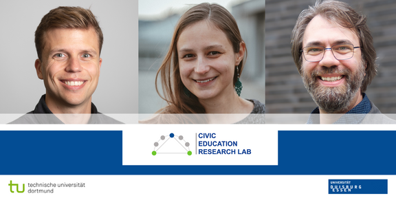 Porträtfotos von Pascal Alscher, Elisabeth Graf und Daniel Deimel über dem Logo des Civic Education Research Lab (CERL) 