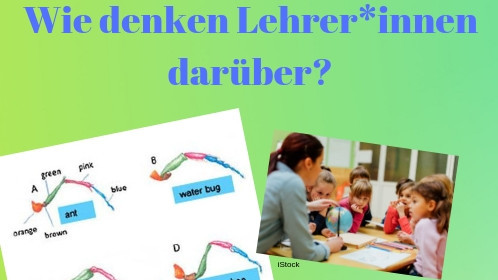 Grüner Hintergrund mit blauem Schriftzug Lernen mit Texten und Bildern - Wie denken Lehrer*innen darüber?