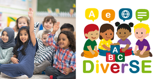 Projektstart DiverSE Foto von Kindergruppe. Die Kinder melden sich. Daneben das Projektlogo von DiverSE