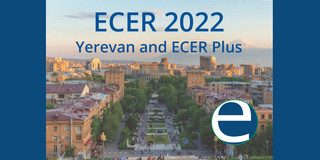 Dunkelblauer Schriftzug ECER 2022 Yerevan and ECER Plus vor einem Stadtfoto