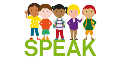 Grüner Schriftzug des Projektnamens SPEAK mit stilisierten Figuren von Grundschulkindern