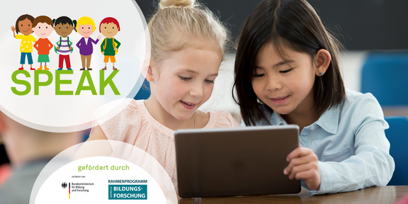 Abschluss SPEAK Zwei Grundschulkinder arbeiten am Tablet, daneben das SPEAK-Logo