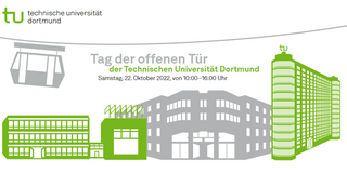 Stilisierte Abbildungen von Gebäuden und der Hochbahn der TU Dortmund, sowie der Schriftzug Tag der offenen Tür der Technischen Universität Dortmund