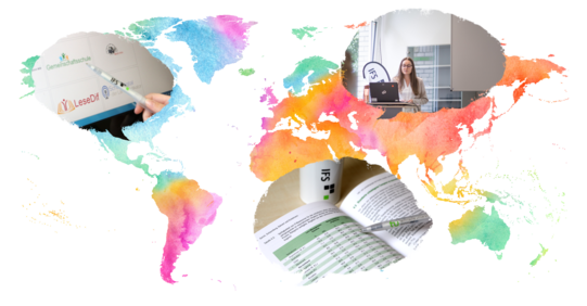 Aquarellbild einer bunten Weltkarte mit drei Sprechblasen, worin Fotos des IFS unterschiedliche Szenen zeigen, wie eine Forscherin beim Vortrag, ein aufgeschlagenes Buch und einen Computerbildschirm mit den IFS-Projekten