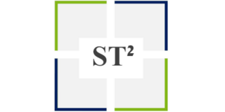 Dunkelblau-grüner Rahmen eines Quadrates und darinliegender Schriftzug des Projektnamens ST2