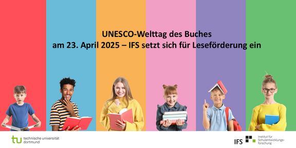 Mehrere Kinder halten Bücher vor bunten Hintergründen