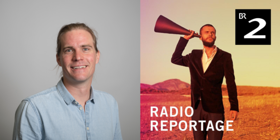Portätfoto von Dr. Ulrich Ludewig vor grauen Hintergrund auf der linken Seite und auf der rechten Seite Foto des BR mit weißen Schriftzug "Radio Reportage" und einer Person in Anzug mit Hörhorn am Ohr
