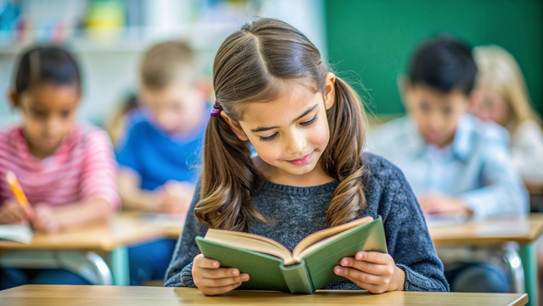 Grundschulkind am Schreibtisch im Klassenraum beim Lesen eines Buches