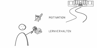 Weißer Hintergrund mit Comicfigur und einem Universitätsgebäude