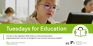 Ein Grundschulkind arbeitet am Tablet, darunter der Schriftzug "Tuesdays for Education"