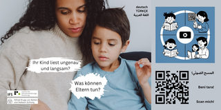 Eltern lesen mit Kindern Foto von Mutter und Kind, die gemeinsam lesen, und daneben ein QR-Code