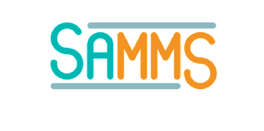 Türkis-orangener Schriftzug SAMMS, mit grauen Begrenzungslinien