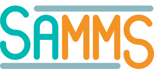 Türkis-orangener Schriftzug SAMMS, mit grauen Begrenzungslinien
