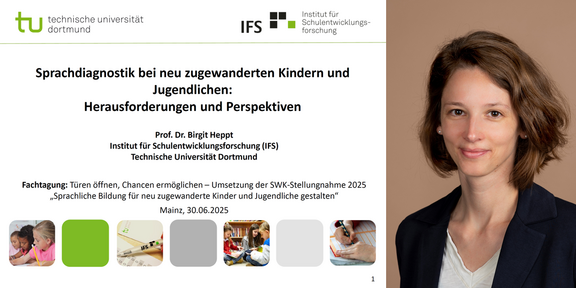 Foto von Birgit Heppt neben der Präsentationsfolie