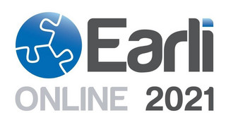 EARLI Online 2021 Schwarzer Schriftzug und blaues, kreisrundes Logo der Veranstaltung EARLI Online 2021