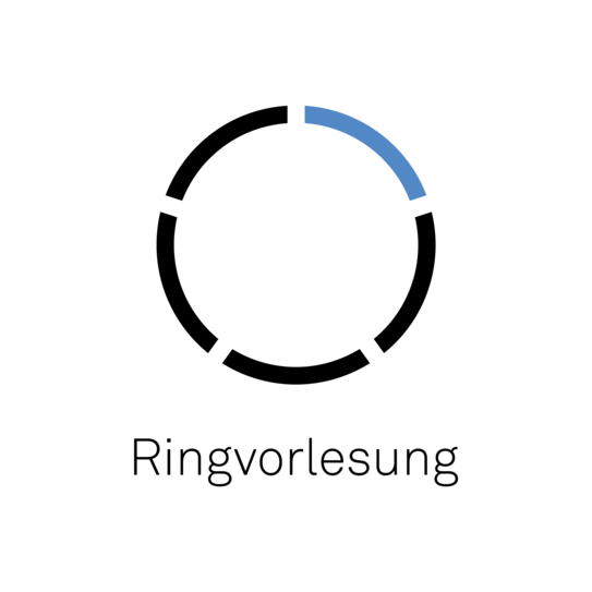Ringvorlesung Schwarzer Schriftzug Ringvorlesung und darüber das Logo der Veranstaltung als ein schwarz-blauer Kreis