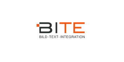 Schwarz-orangener Schriftzug BiTe des Projektnamens BiTe Bild-Text-Integration
