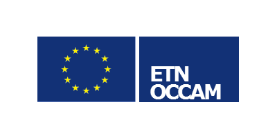 Europäische Flagge und dunkelblaue Kachel mit weißen Schriftzug des Projektnamens ETN OCCAM