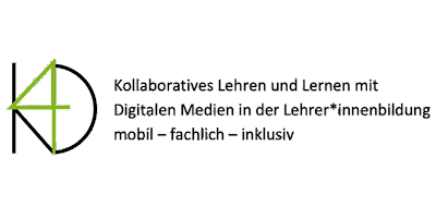 Schwarz-grüner, ineinandergreifende Schriftzug K4D mit schwarzen Schriftzug des Projektnamens Kollaboratives Lehren und Lernen mit Digitalen Medien in der Lehrer*innenbildung mobil - fachlich - inklusiv