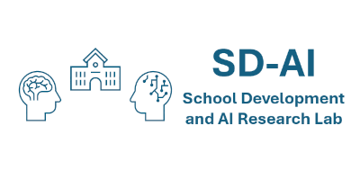 Zwei stilisierte Köpfe und ein Schulgebäude neben dem Schriftzug SD-AI School Development and AI Research Lab